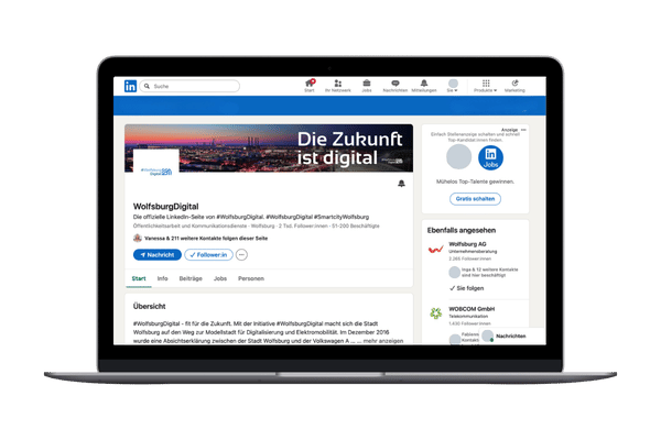 Mock-up LinkedIn Unternernehmensseite von WolfsburgDigital